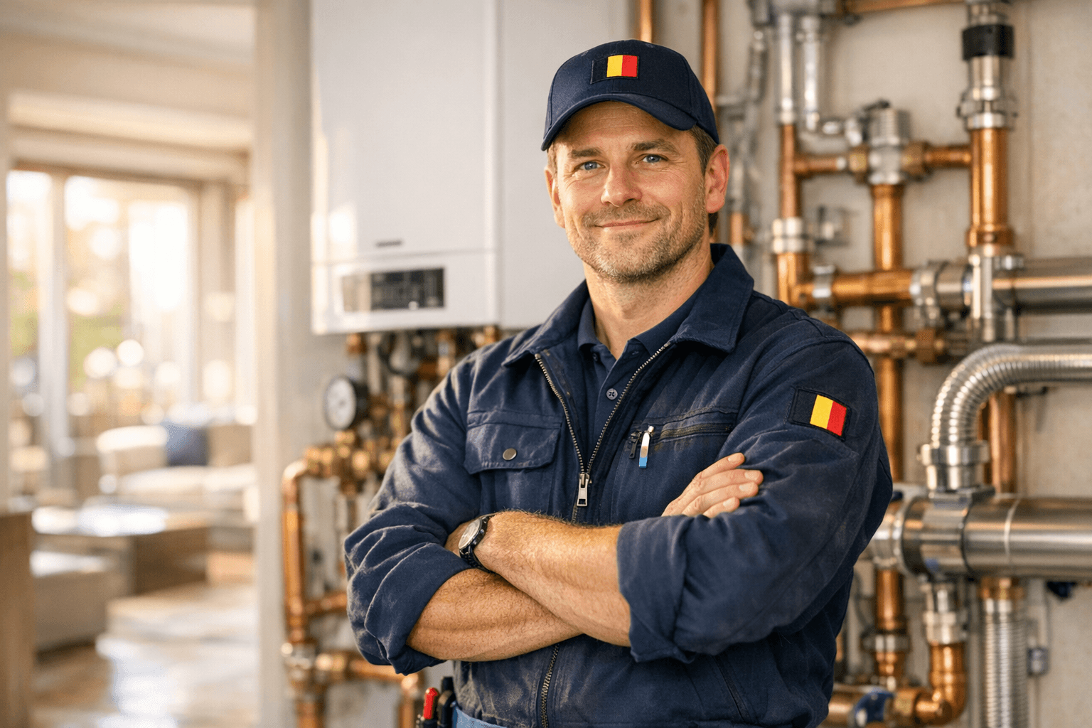 Technicien en plomberie souriant devant des installations de chauffage et de plomberie dans un intérieur lumineux.